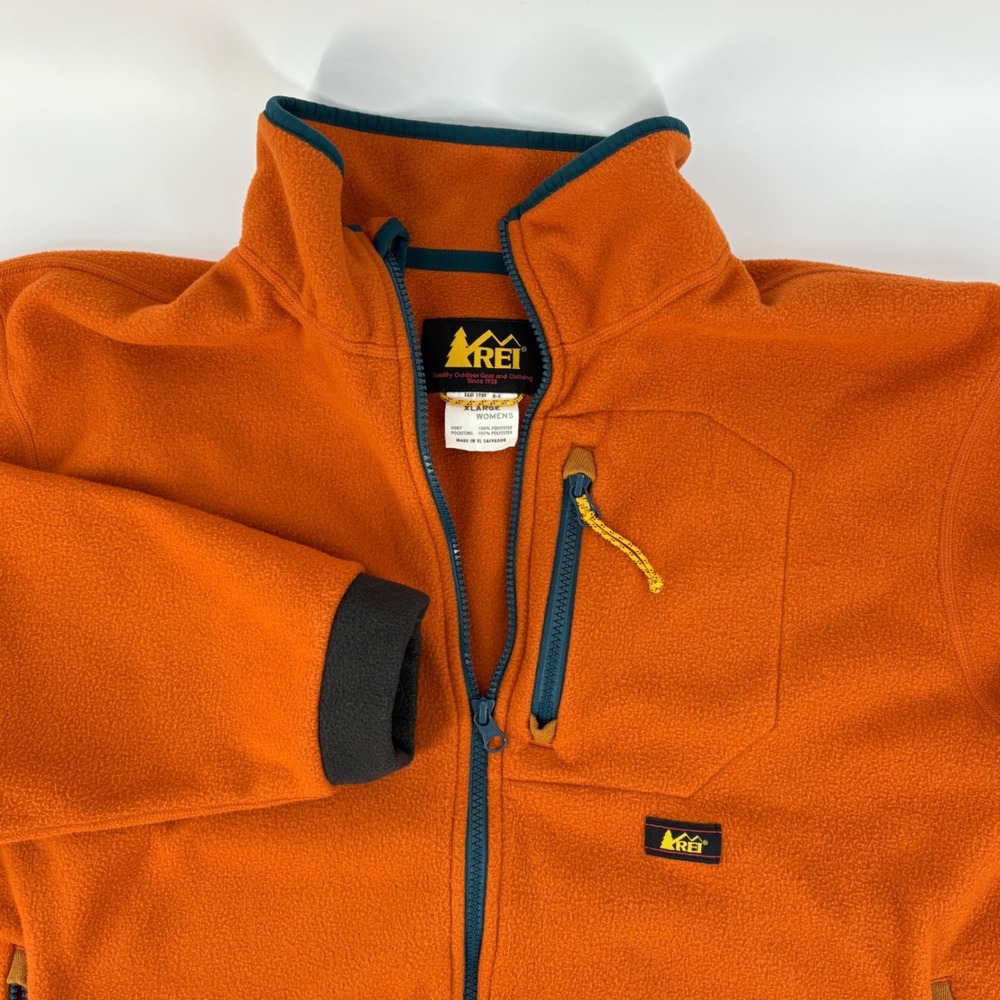 REI Womens XL Full Zip Fleece Jacket‎ Orange Teal Mock Neck Hiking Gorpcore